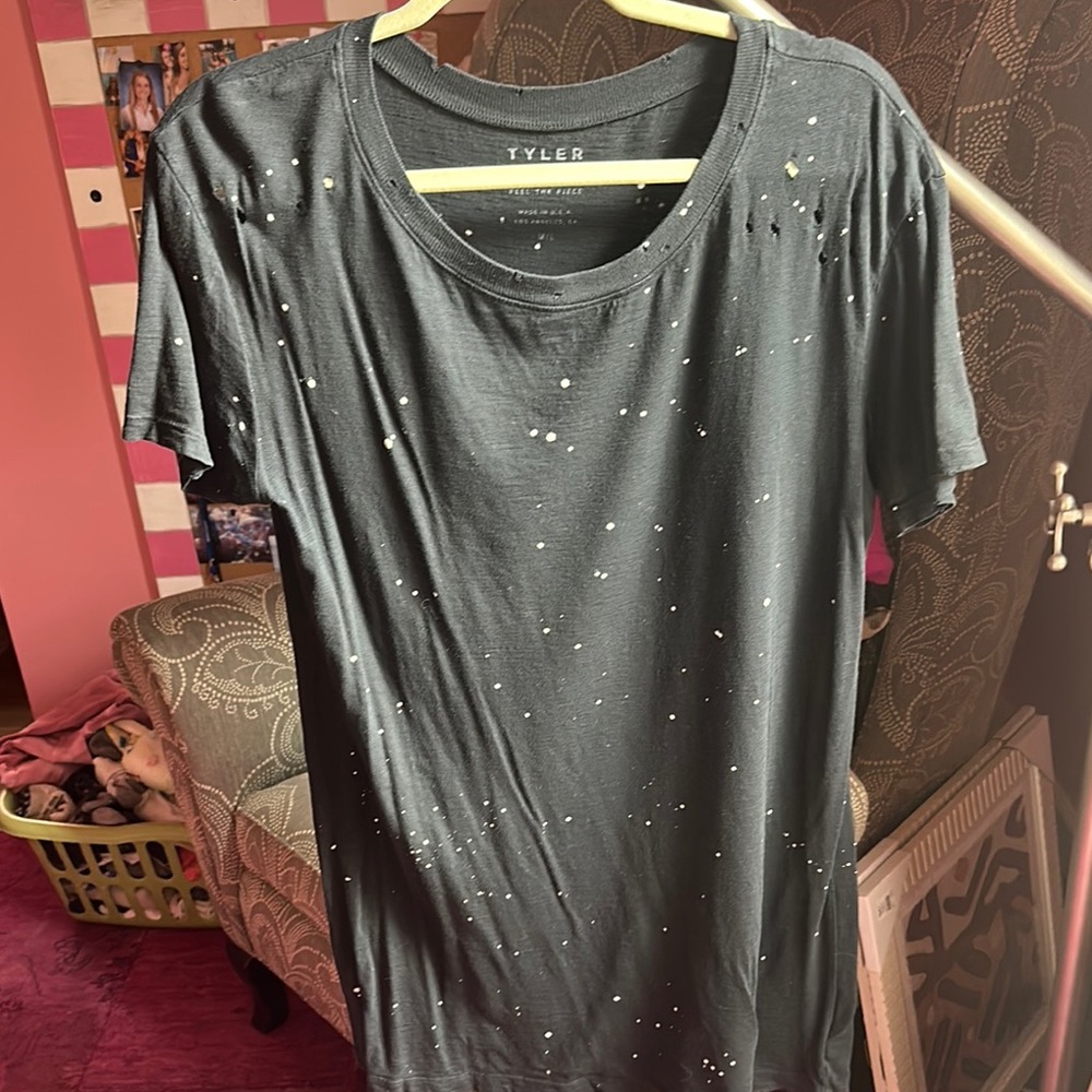 Tyler Jacobs Feel the Piece black splatter Distressed T-Shirt mini shift dress M